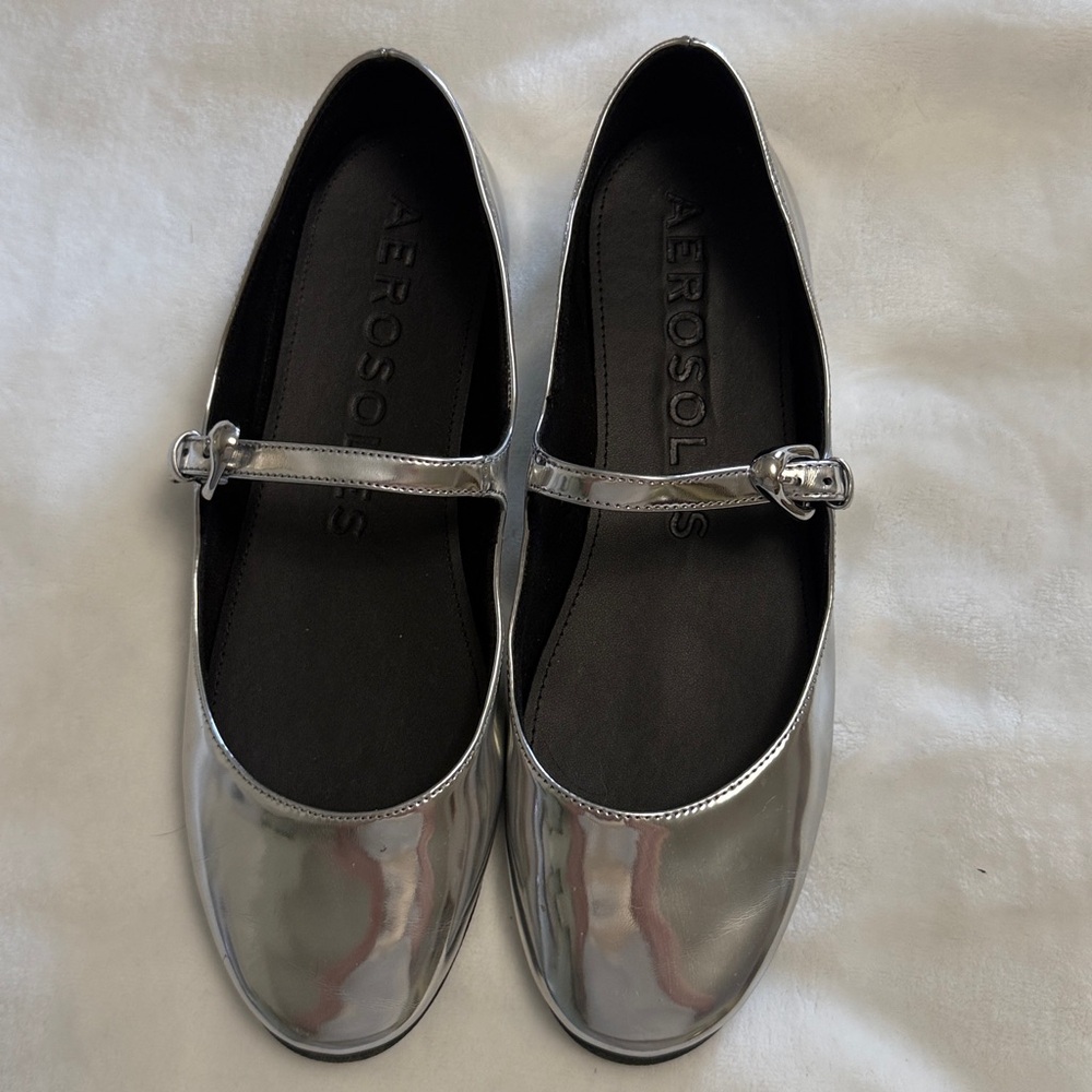 AEROSOLES Shiny Silver Mary Jane-Style Flats